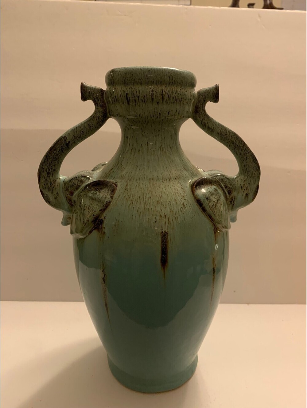 Chinoiserie Style Ceramic Glazed Terracotta Vase W/ Elephant Handles 14.5 signed